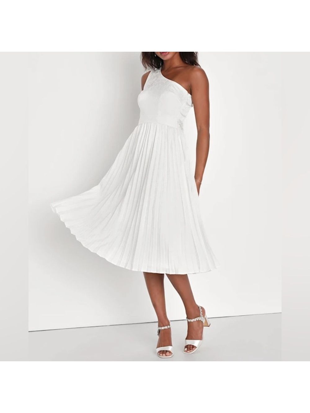 Nwt Lulus Festive Flirtation White Satin Jacquard One-Shoulder Midi Dress $98